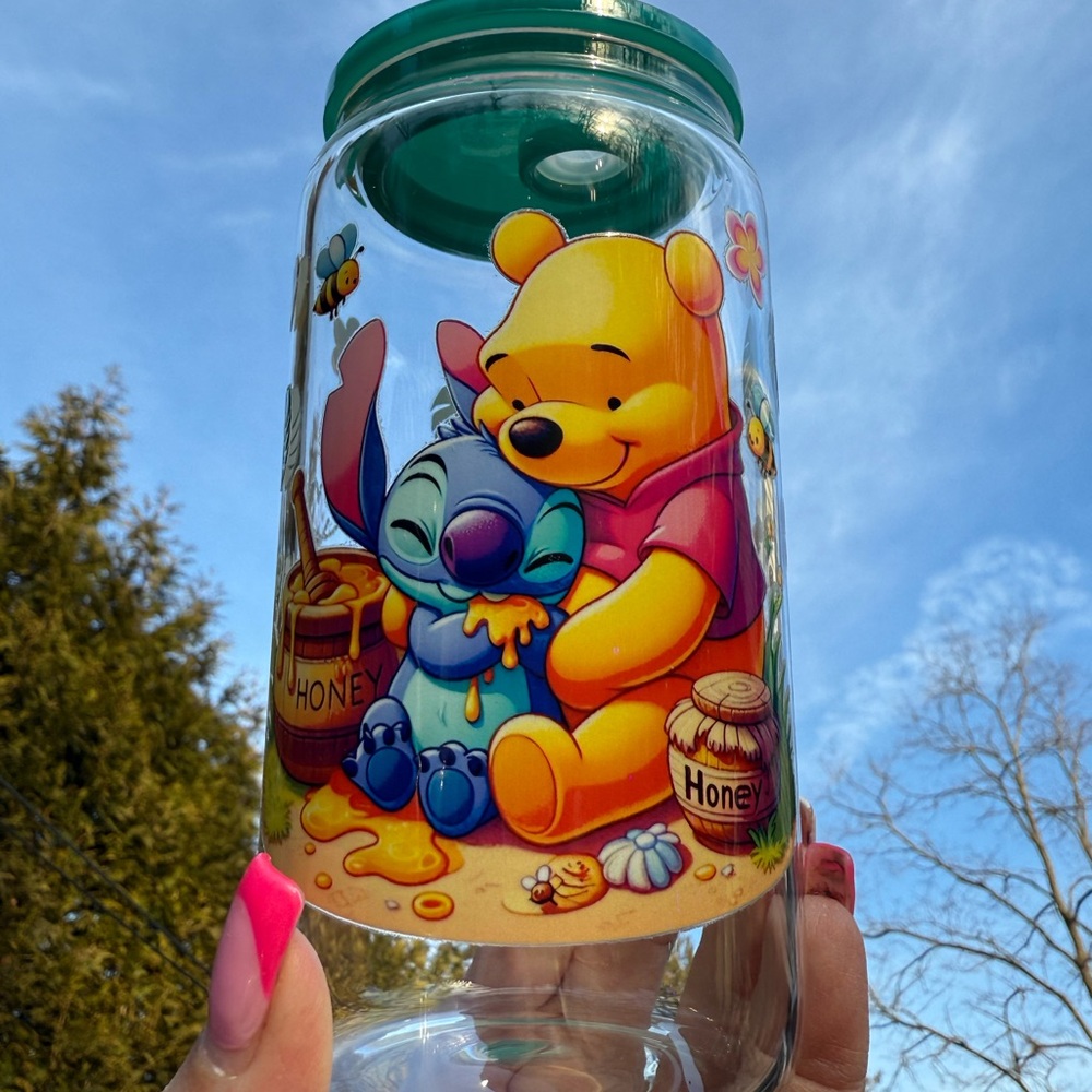 Winnie the Pooh and Stitch Glass Jar